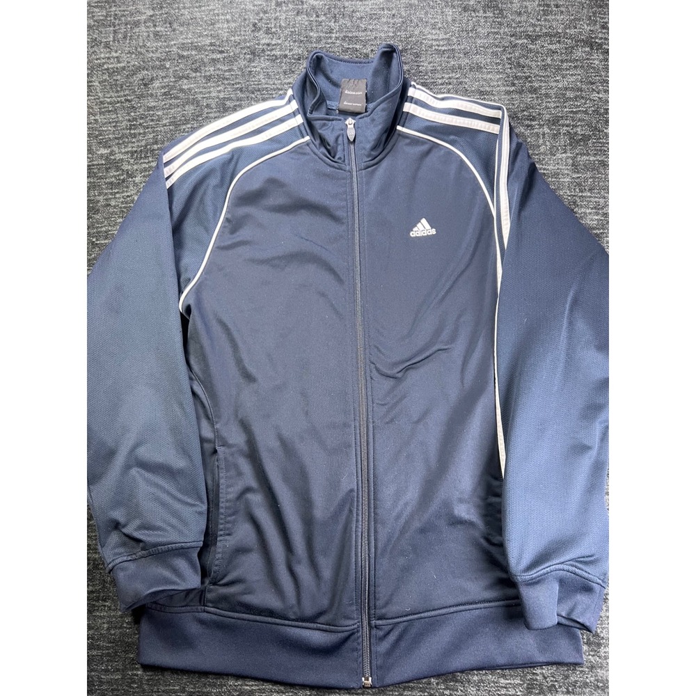 Adidas Track Jacket Mens Medium Navy Blue Three Stripe Full Zip Mock Neck Logo